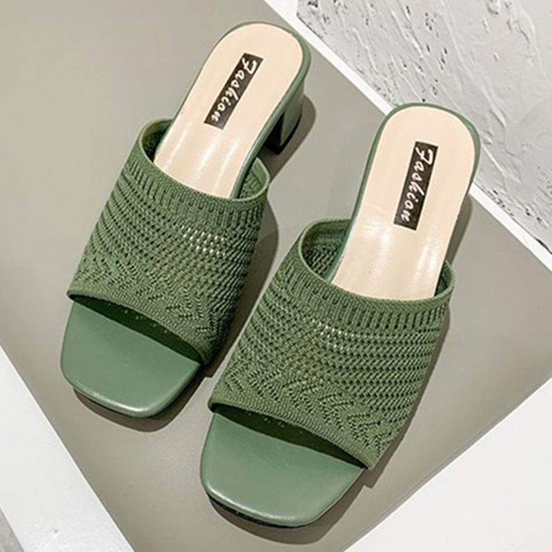 208 Mid Heel Slippers Women's Summer New Fashion Women's Shoes SandalsGreen