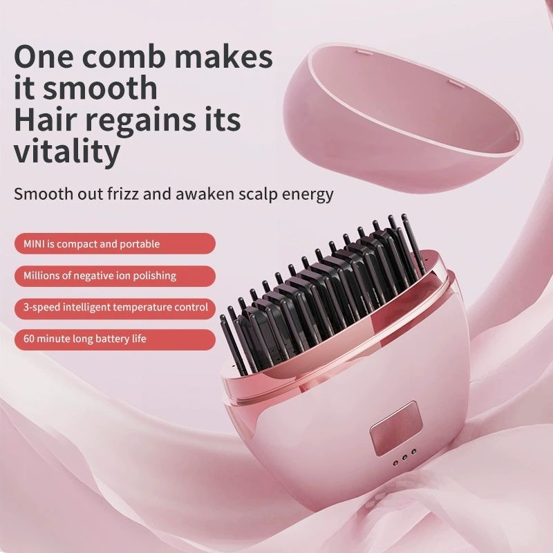 Wireless Negative Ion Hair Straightener, Mini Rechargeable Hair Straightening Comb, Portable Travel Anti-static Hair Styling Brush for Home Outdoor Use
