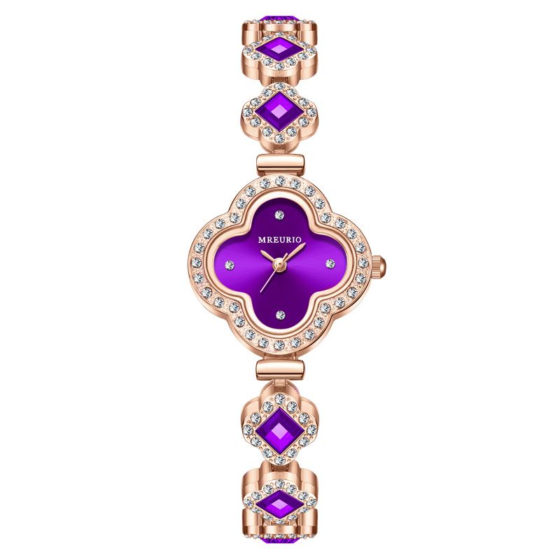 Best Wrist Watches For Ladies  Four-Leaf Clover Bracelet, Versatile, Luxurious, Green Gem-Set Diamond Compact WatchPurple