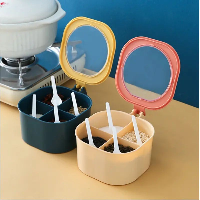 AUNONT Kitchen 4-Grid Integrated Seasoning Box with Spoon Lid Multi-Grid Storage Clearanced Seasoning Tank