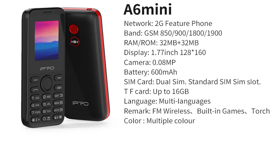 IPRO A6Mini Feature Phone 1.77inch Bar Mobile Phones Cellphone Phone Original Manufacture