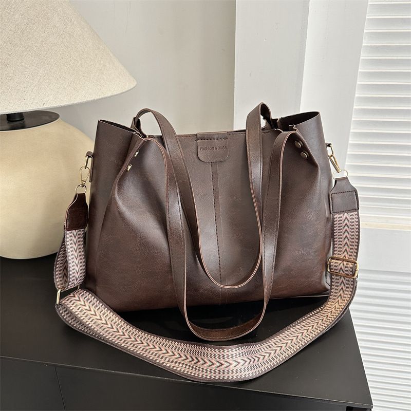 Women's Fashion Wide Strap Shoulder Bag Large Capacity Zipper Shoulder Bag