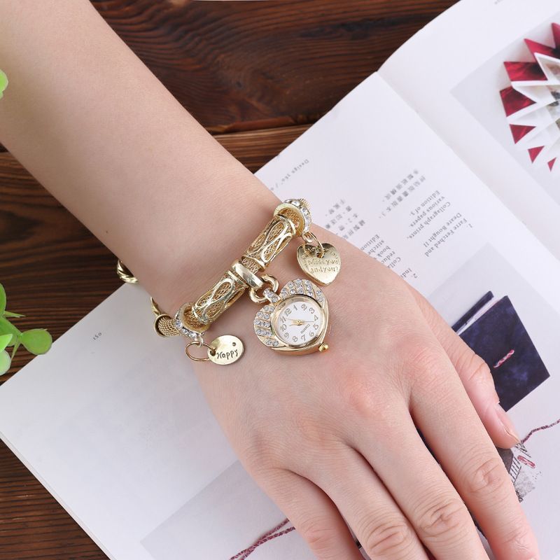 Digital Watch Heart-Set Diamond Bracelet Watch Gold Silver Rhinestone Love Quartz Watch