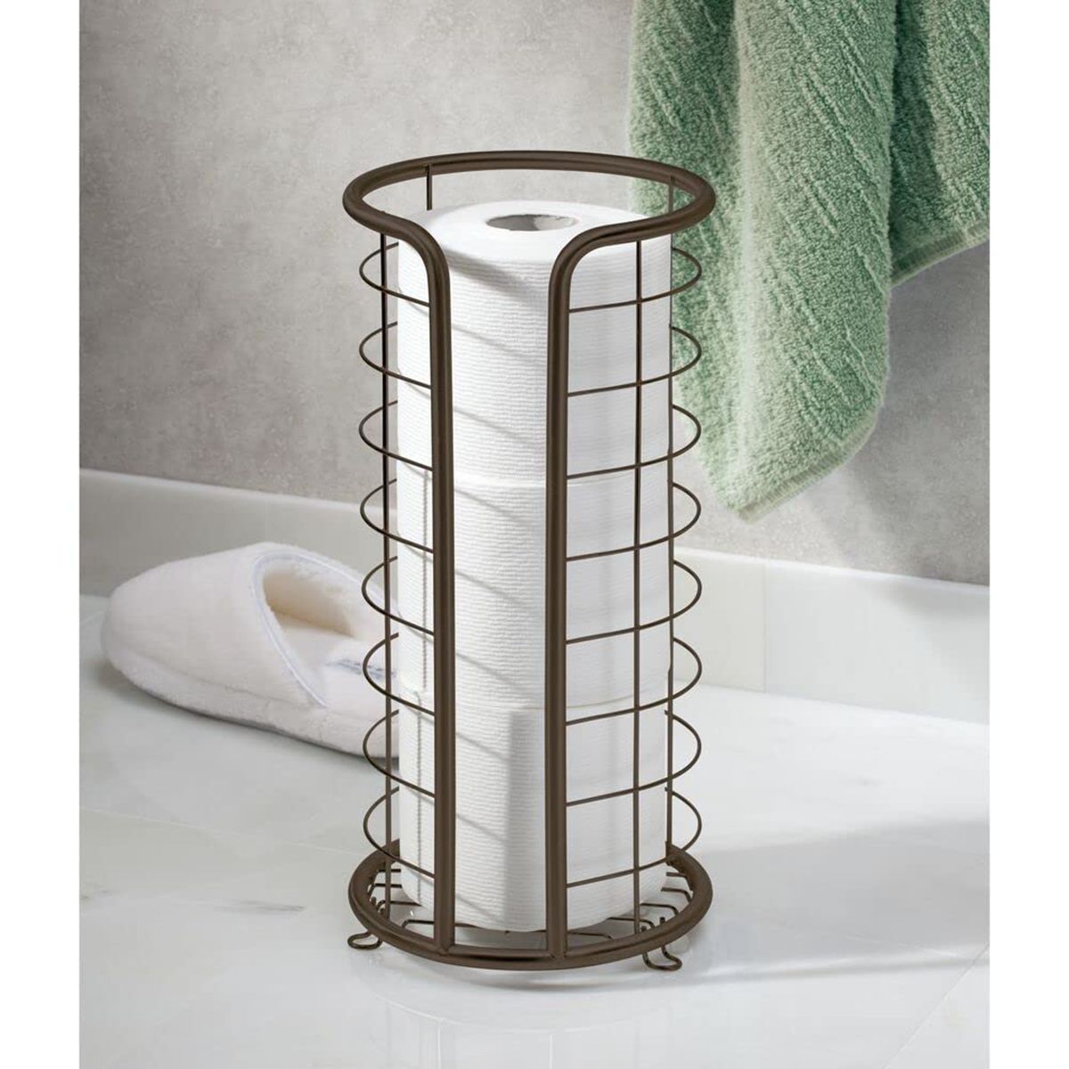 Metal Free Standing Toilet Paper Organizer Stand - 3 Rolls of Jumbo Toilet Tissue Storage - Bathroom Decor Accessory for Under Sink, Vanity, and Inside Cabinet Shelf - Omni Collection