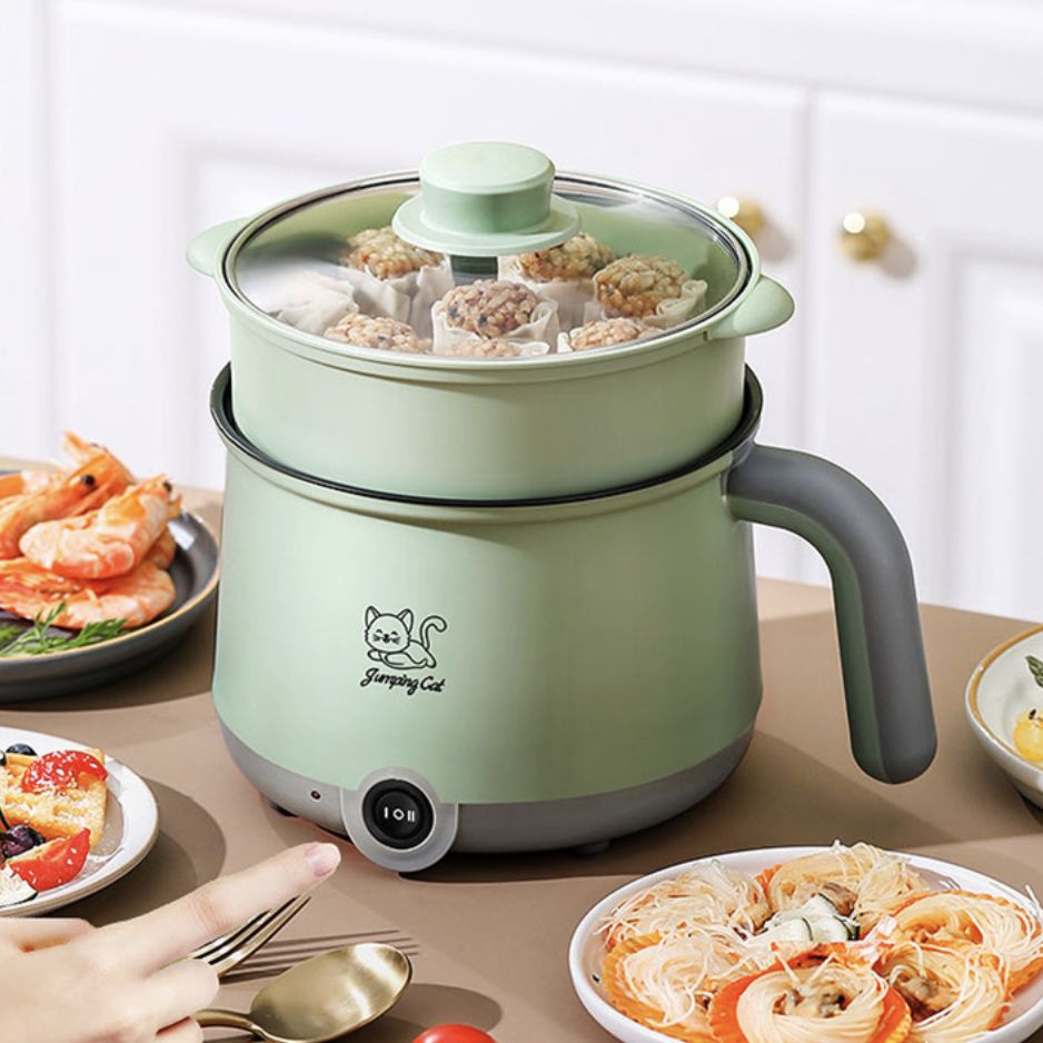 Electric Hot Pot Mini Non-stick Pot Fry Pan Electric Cooker with Plastic Steamer Dormitory Student Noodle Pot Home Electric Steamer Double-layers Egg Cooker Multi-functional Pot for Cooking Soup Rice Porridge Stewpot Kitchen Small Appliance