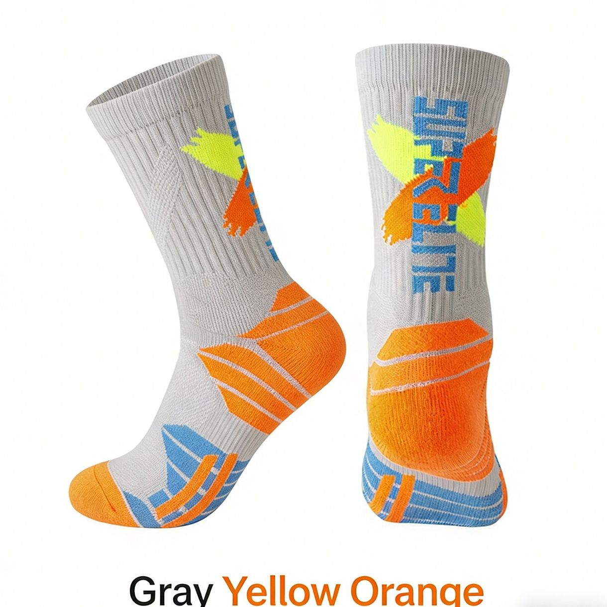Men's High-Calf Marathon Running Socks, Professional Basketball Socks with Thickened Terry Sole, Cushioned Shock Absorption Athletic Socks for Running, Basketball, Training
Grey-Yellow-Orange
