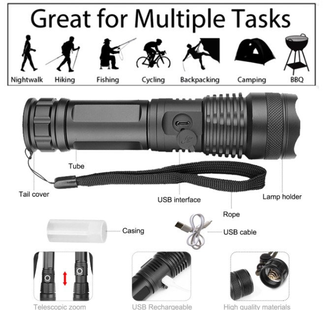 Adjustable Flashlight Strong Light Rechargeable LED Torch 18650 or 26650 Battery Zoom 5 Modes Outdoor Camping Emergency
