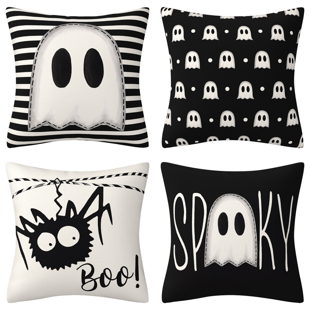 YTSADF-04 Halloween Pillow Covers 45 x 45 cm, Striped Polka Dots Spooky Ghost Spider Boo Throw Pillowcases Holiday Decor Decorative Cushion Cases Party Decoration for Home Sofa