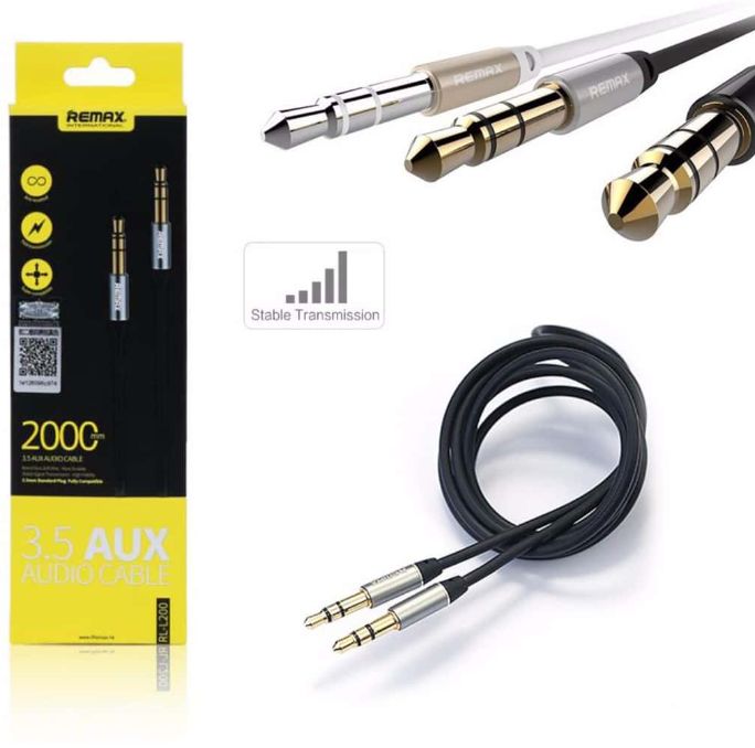Remax RL-L200 Auxiliary Audio Cable - 3.5mm Jack 2M Length Stereo AUX Cable - Supports phones, computers, tablets, speakers, car devices, MP3 and MP4
