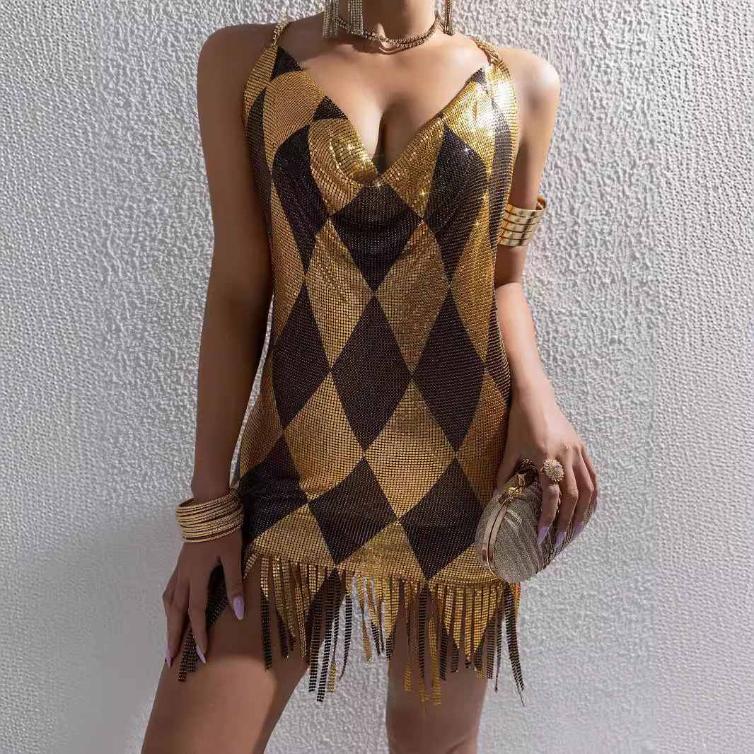 New Summer Fashion Women Dress, Exquisite Metal Splicing Design, Stylish Backless Midi Dress, Slim Fit Bodycon Dress, Elegant Sexy Party Evening Dress for Ladies Daily Club Street Wear