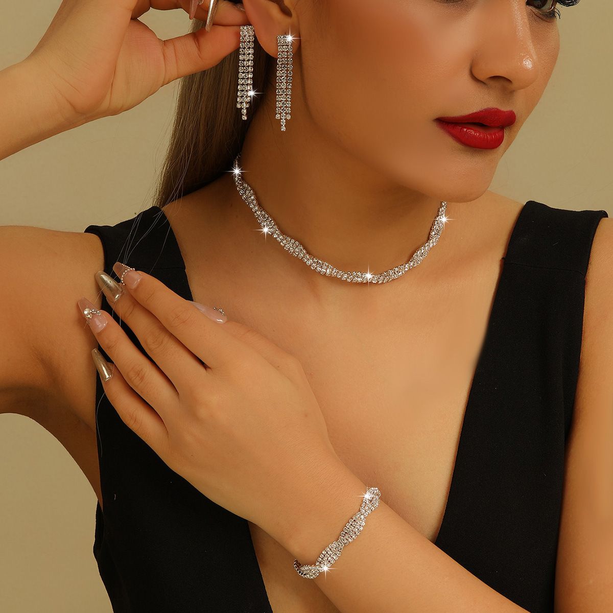 Trendy Prong-Set Rhinestone 3-Piece Jewelry Set, Intricate Braided Cubic Zirconia Adjustable Collarbone Necklace, Matching Woven Design Extendable Bracelet and Fringed Tassel Drop Earrings, Glossy Silver Plated Finish, Dense Sparkly Crystal Embellishments, Chic Coordinated Ornaments for Bridal Events, Evening Banquets, Prom Parties, Formal Gown Outfits and Stylish Photoshoots, Elegant Ready-to-Gift Jewelry Selection for Women’s Diverse Special Occasions
