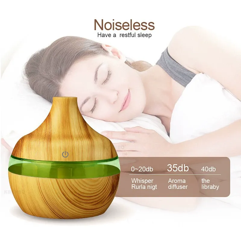 300ml Wood Grain Spout Aroma Diffuser, USB Home Quiet Ultrasonic Atomizer, Air Purifying Humidifier with 7-Color LED Night Light for Home Office
