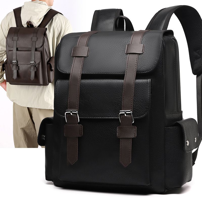 British Retro Soft PU Leather Backpack Large Capacity Travel Backpack Belt Buckle Design Casual Outdoor Shoulder Bag For Men Women
