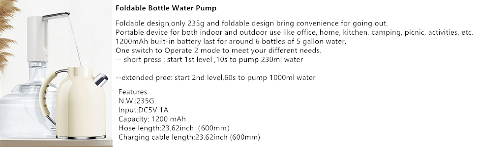 5 Gallon Water Dispenser Foldable Bottle Water Pump Dispenser Portable Electric Drinking Water Pump Automatic Water Dispenser USB Charging for Home Kitchen Office Camping