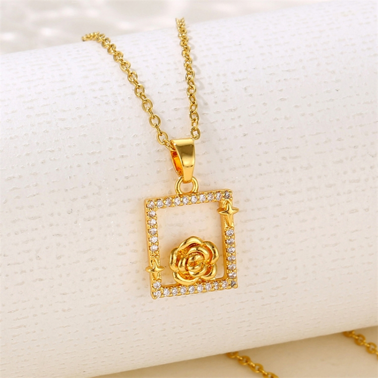 Valentine's Day lovers Necklace Hollowed out Europe and America Hollowed out Square neck chain flower Block necklace Stainless steel trend zircon Clavicular chain CRRSHOP female  gold rose LOVE 