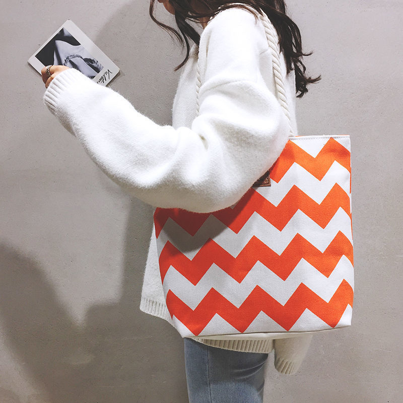Tospino Women Wave Stripe Canvas Large Capacity Shoulder Bag Totes Shopping Handbag