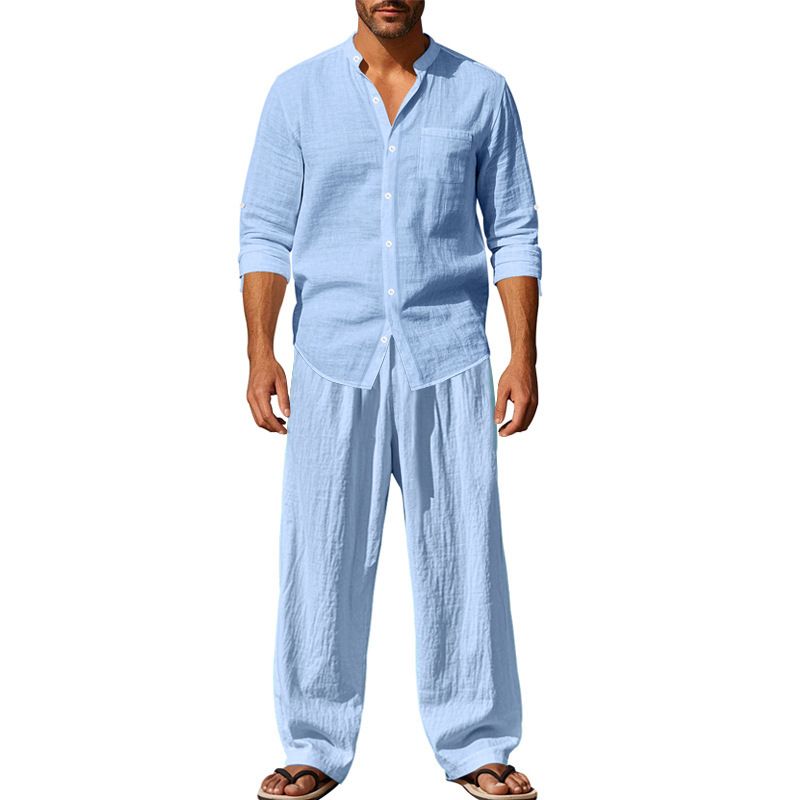 Men's Clothing Sets Two-Piece Outfits Flax Men's Casual Loose Breathable Long Sleeve Long Pants Shirt Beach Set