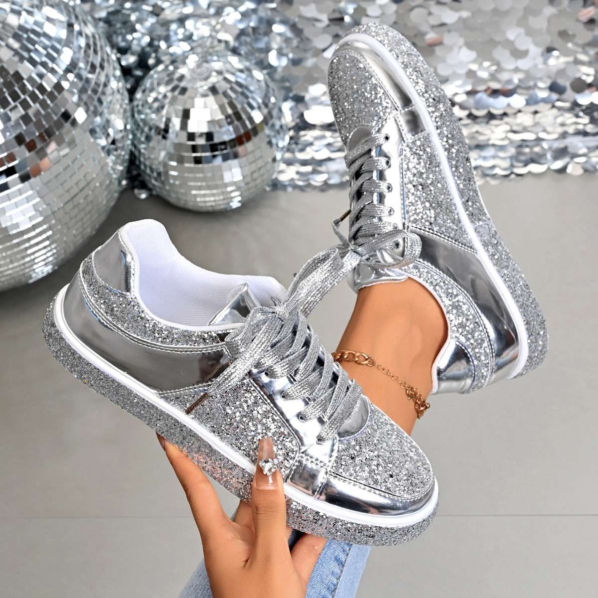 2025 Autumn New Style Sequined Lace-Up Platform Low-Top Shoes Women's Plus Size Fashion Casual Sneakers