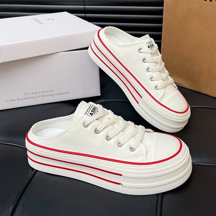 Candy-colored canvas shoes for women 2025 summer new style a single shoe with a full head preppy style thick sole simple half slipper