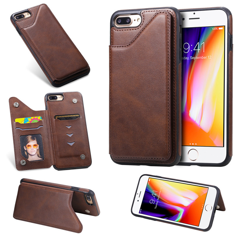Pure Color Phone Case For iPhone 7 Plus iPhone 8 Plus 5.5 inch PU Leather Wallet Phone Cover with Card Pockets Kickstand