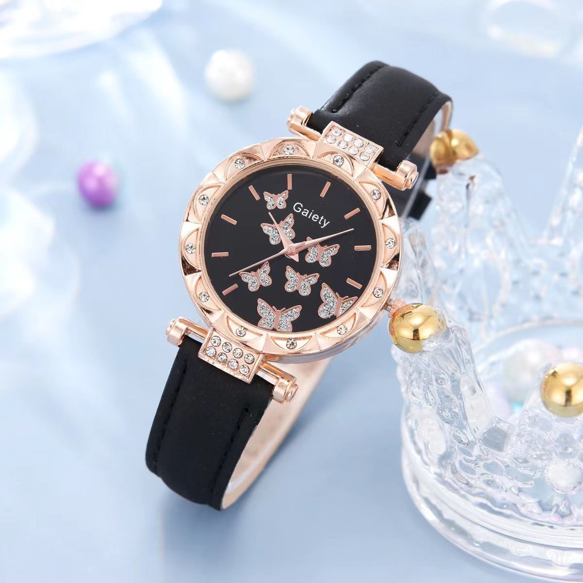 6pcs Luxury Watch Women Ring Necklace Earrings Bracelet Set Watches Butterfly Leather Strap Ladies Quartz WristWatch No Box1Pcs Black Watch