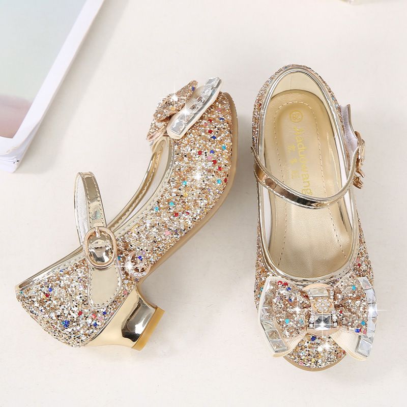 Dress Shoes Autumn New Girls' Small High-Heeled Leather Shoes Sparkling Shoe upper with Bow Decoration for Children's Dance Shoes