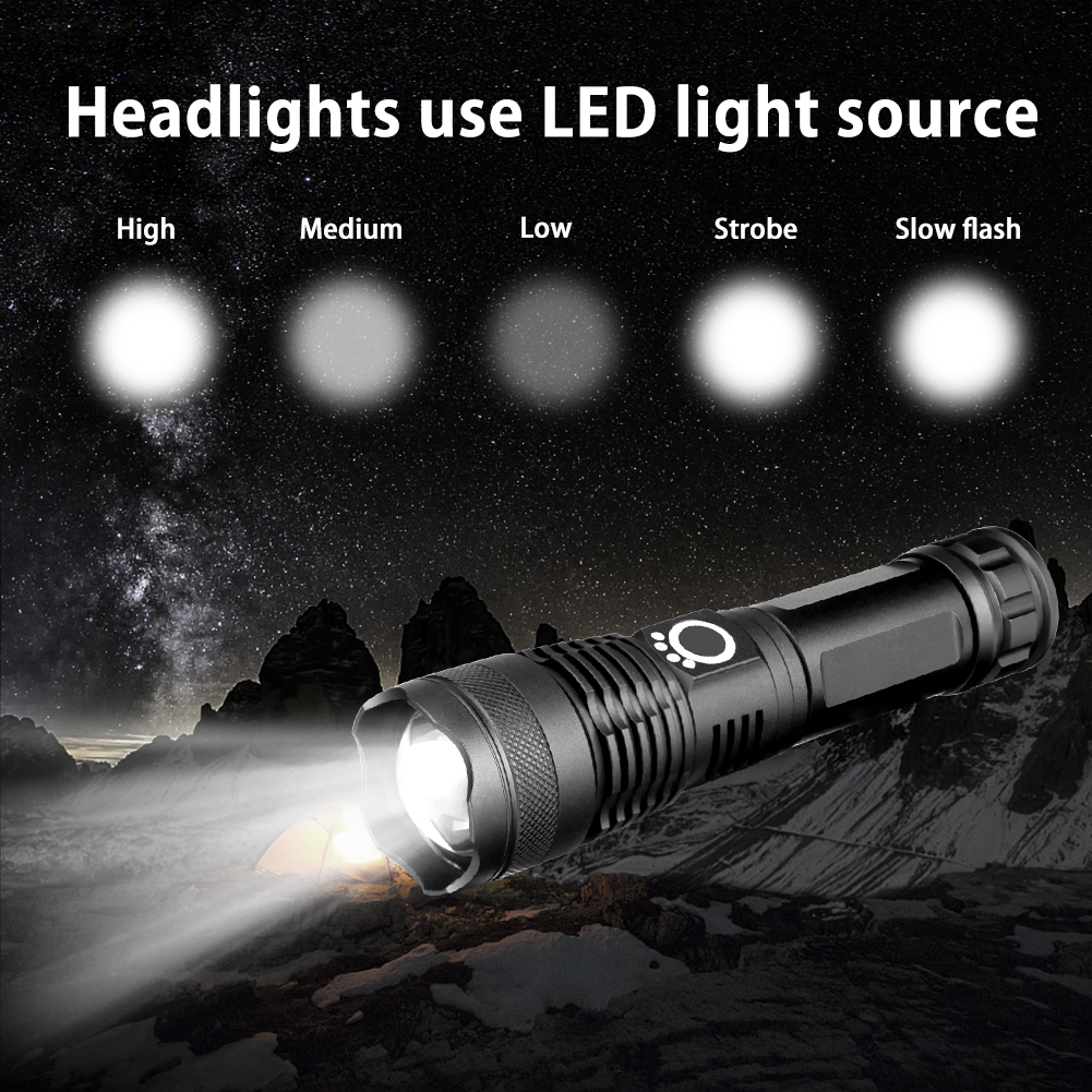Adjustable Flashlight Strong Light Rechargeable LED Torch 18650 or 26650 Battery Zoom 5 Modes Outdoor Camping Emergency

