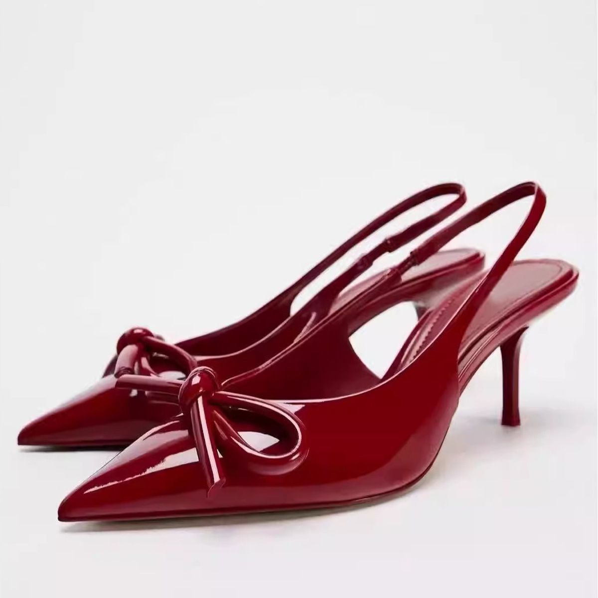 European and American style bow high-heeled pointed-toe sandals for women in summer 2025, red patent leather pointed-toe mules single shoesred