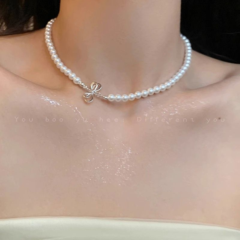 A6 Women's Pearl Bow Necklace Collarbone Chain Jewelry Gift