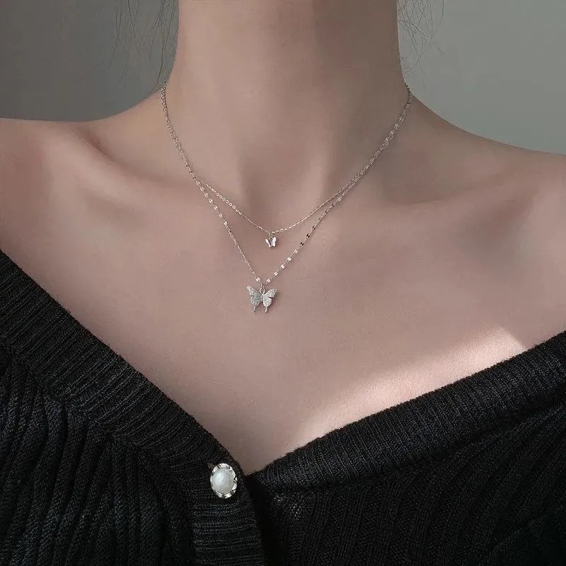 X16 Women Elegant Silver color Shiny Rhinestone Butterfly Necklaces Double Layer Clavicle Chain Pendant Jewelry Gift