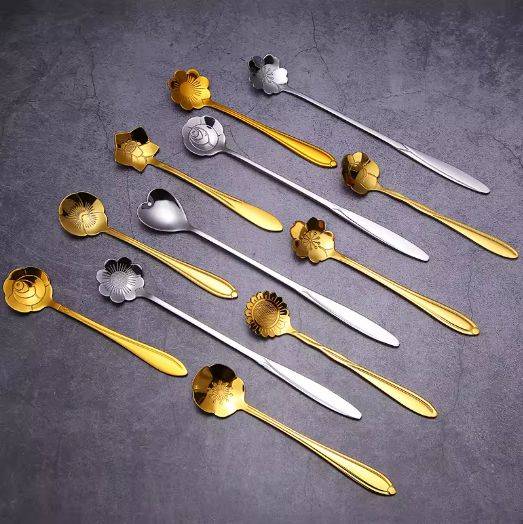 4 Set Gold Plated Creative Stainless Steel  Fancy fruit dessert spoon stainless steel yogurt Coffee long handle pointed spoon Gold Coffee Spoon with Long Handle 