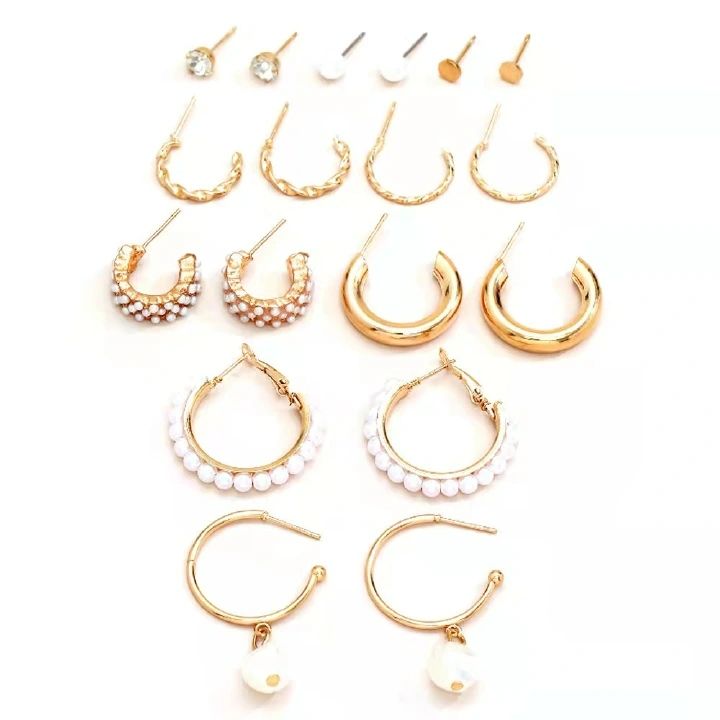 9Pcs/Set Women Earrings Rhinestone Pearl Exaggerated Gold Creative Personality Relief Earrings Women's Fashion Accessories Jewellery