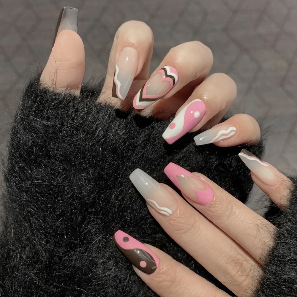 24pcs/box Pink White Color Ballet Fake Nail Love Pattern Fake Nails With Glue