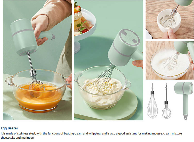 OWL Cordless Hand Mixer Electric with the Function of Chopper, 3-in-1 Speed Change Hand Mixer for Kitchen Baking and Baby Food Etc, with 304 Stainless Steel Egg Beater, BPA-free Food Chopper