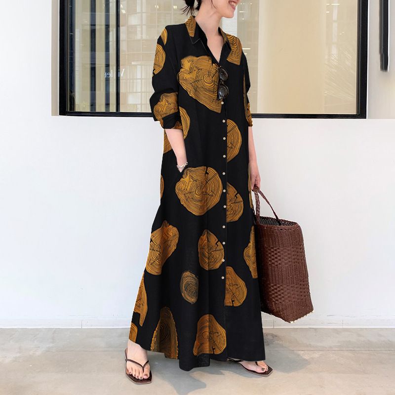 plus size women's clothing Muslim cotton and linen printed long-sleeved simple, loose and casual long shirt.