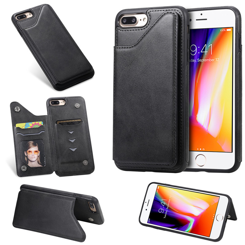 Pure Color Phone Case For iPhone 7 Plus iPhone 8 Plus 5.5 inch PU Leather Wallet Phone Cover with Card Pockets Kickstand