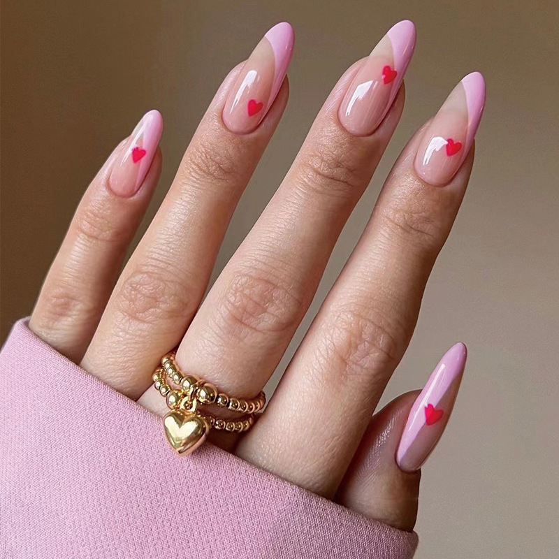 JP1786 24 Pcs Glossy Press on Nails, Medium Stiletto French Pink Edge Heart Frint Fake Nails, Acrylics Full Cover False Nails for Women and Girls