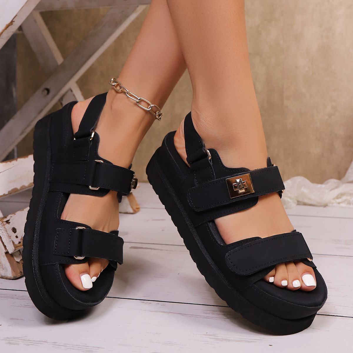 2025 Summer Platform Velcro Sandals Women's Large Size Birkenstock Style Soft Footbed Slippers