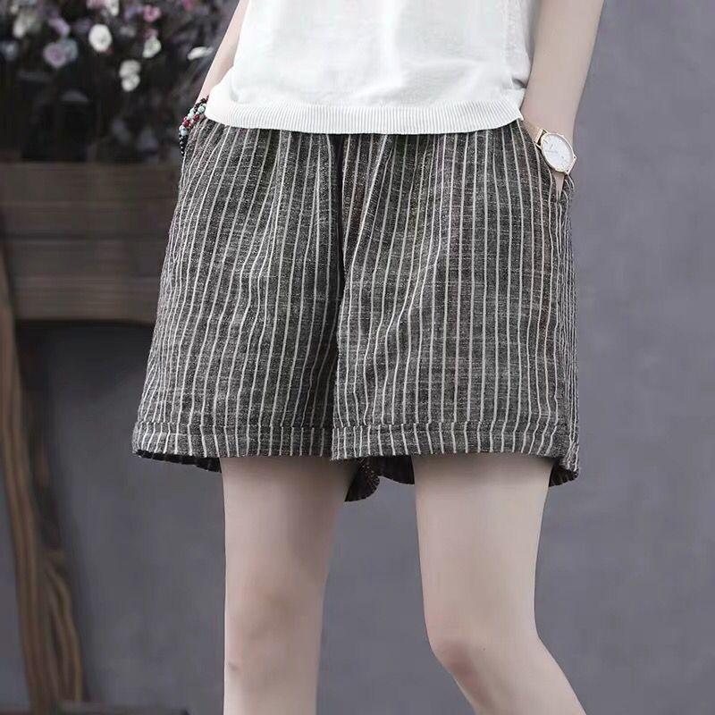 6638 women's cotton and linen shorts striped design girls casual sweatpants