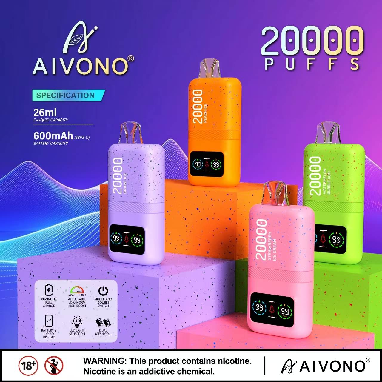 10 pcs 20K Vape-20000 puffs Vape Disposable e-cigarette Puffs 5% or 2% 20000 puffs Cool Mint OEM 600~25K PUFFS Watermelon ice 