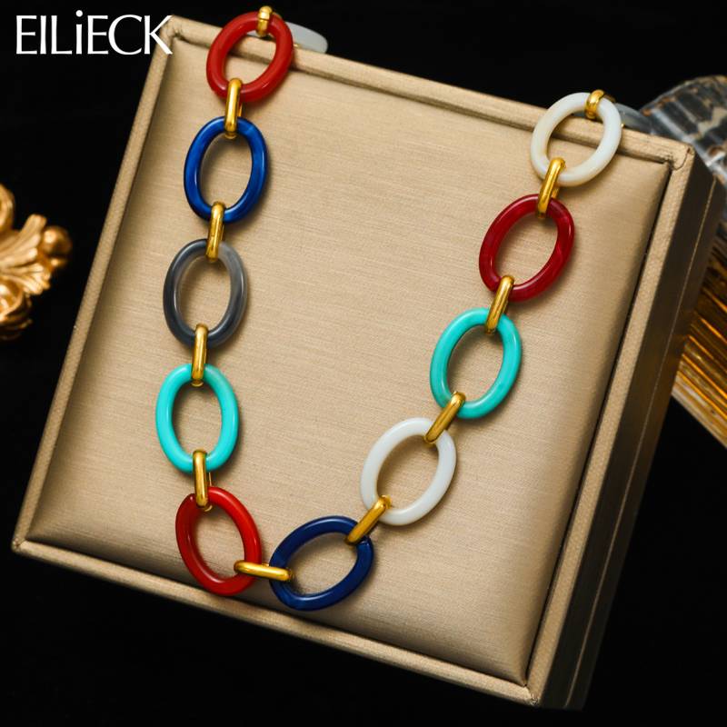 N0149 Stainless Steel Acrylic Colorful Oval Circles Necklace For Women Exaggerated Neck Chain Jewelry Gift