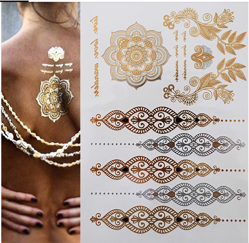Amazoncom  Random Send Waterproof Metallic Temporary Tattoos Flash  Fake Tattoo Stickers For Outdoor Body Arm Decoration Gold and Silver Color  1 Sheet  Beauty  Personal Care