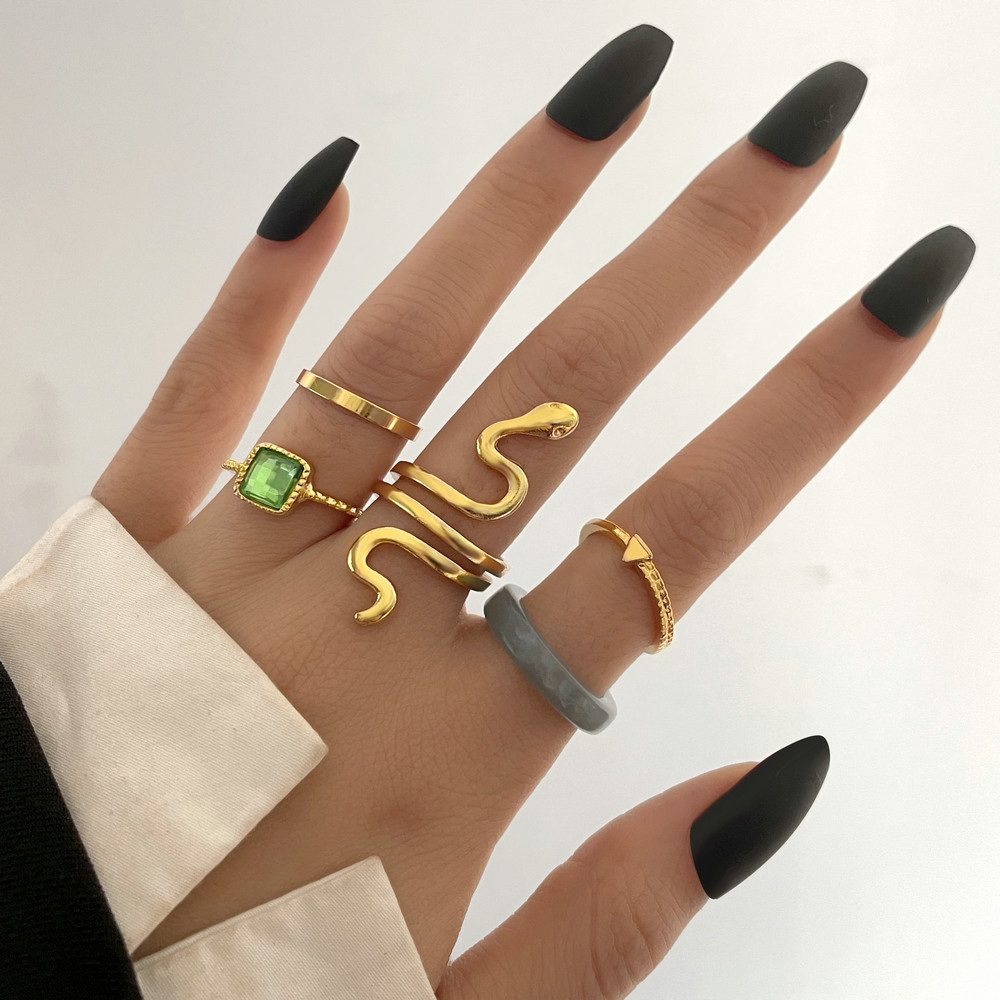 5530801 5Pcs Acrylic Crystal Rings Set Animals Snake Eye Resin Rings for Women Metal Resin Ethnic Rings Accessories Trendy Jewelry