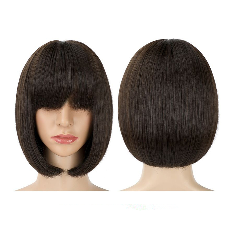MW-W059 Short Bob Wigs, 12" Straight with Flat Bangs Synthetic Colorful Cosplay Daily Party Wig for Women Natural As Real Hair Full Head Set with Hair Cap