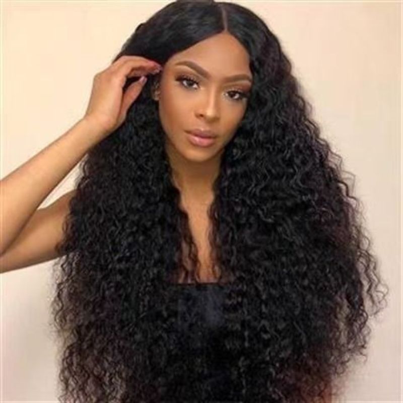 Wig European and American wigs for women, fashionable middle-parted corn-curled long curly hair, black small curls and big waves, fluffy and breathable full wig