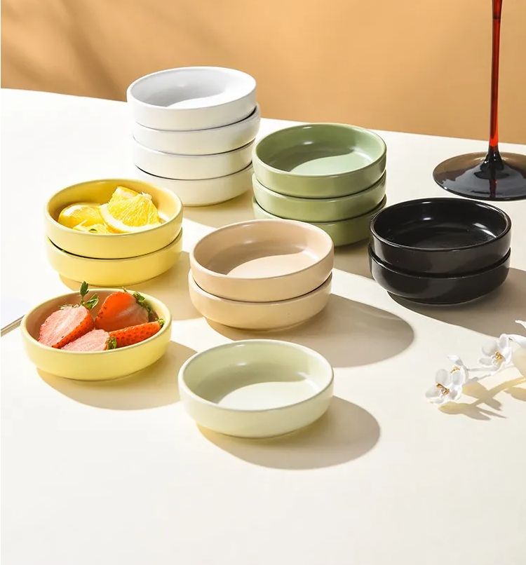 Nordic Compartment ceramic dish round dip bowl set with bamboo tray for sauce appetizer ramekins snack TC-044