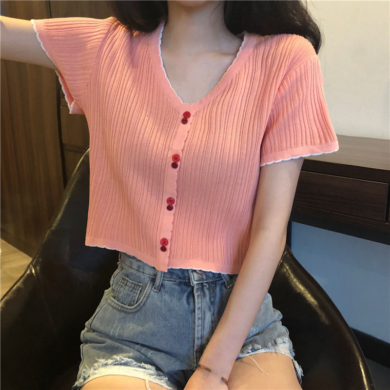 624746300391710 Women Student Ice Silk Short T-shirt Sleeve V-neck Crop Top Button Up Shirt Slim High Waist Fashion Tshirt