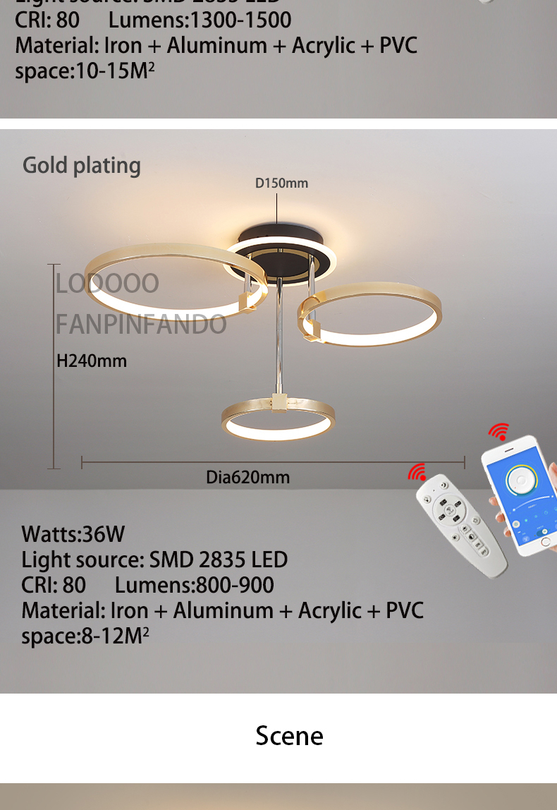 LPS Nordic creative round chandelier bedroom living room dining room lighting golden chrome halo ceiling lamp