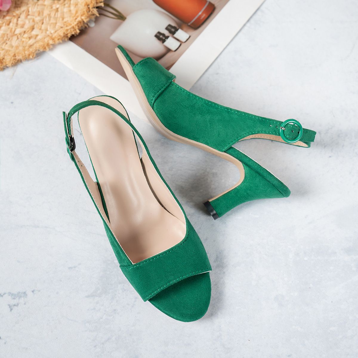2025 Summer New Style European American Style Suede Slide Sandals Women's Plus Size Block Heel Open Toe Cross-Border High Heels