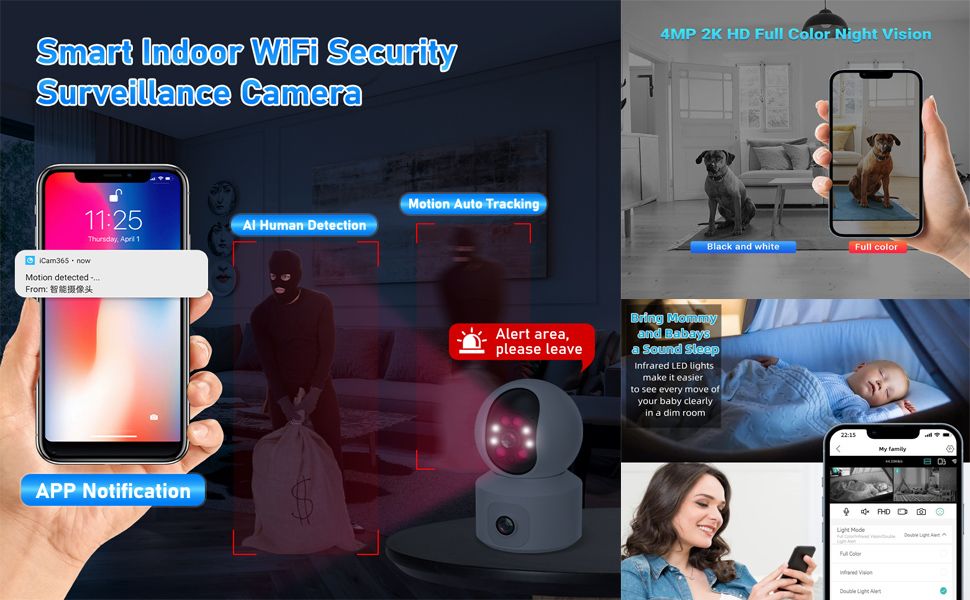 Indoor Pan/Tilt Smart Security Camera, 1080p HD Dog-Camera,2.4GHz with Night Vision,Motion Detection for Baby and Pet Monitor, Cloud & SD Card Storage, Works with Alexa& Google Home (EC70), White